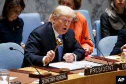 美国总统特朗普2018年9月26日在纽约联合国总部向联合国安理会发表讲话。
