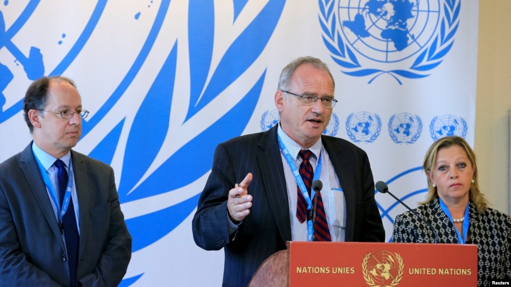 U.N. Independent Investigation on Burundi independent experts, from left, Pablo de Greiff, Christof Heyns and Maya Sahli-Fadel, talk to the media after presenting a final report to the Human Rights Council in Geneva, Sept. 27, 2016.