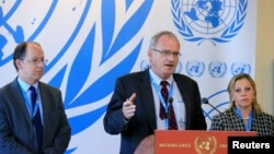 U.N. Independent Investigation on Burundi independent experts, from left, Pablo de Greiff, Christof Heyns and Maya Sahli-Fadel, talk to the media after presenting a final report to the Human Rights Council in Geneva, Sept. 27, 2016.