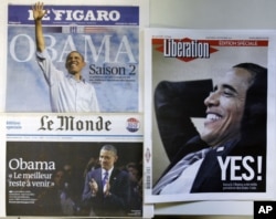 The front pages of special editions of French daily newspapers Le Figaro, Le Monde and Liberation published in Paris, Wednesday Nov. 7, 2012, following the re-election of U.S. President Barack Obama.