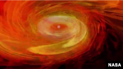A depiction of the collision of two neutron stars is seen in this screenshot from a NASA animation.