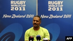 L'entraîneur Peter de Villiers lors du conférence à Auckland pendant la Coupe du monde en Nouvelle Zélande, le 1er octobre 2011.