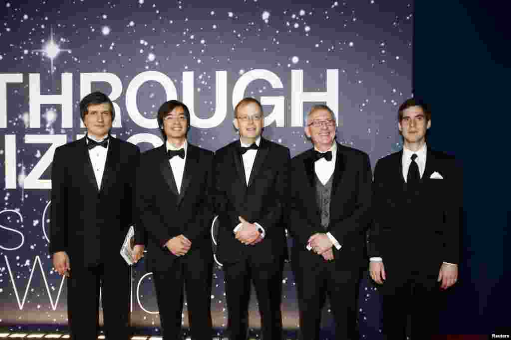 From left, Mathematics laureates Maxim Kontsevich, Terence Tao, Richard Taylor, Simon Donaldson and Jacob Lurie arrive on the red carpet during the second annual Breakthrough Prize Awards in Mountain View, California, Nov.