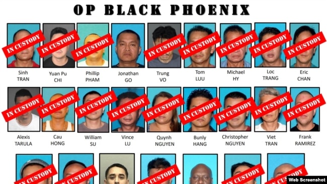 FBI vừa tung chiến dịch Phượng Hoàng Đen bắt giam 18 nghi phạm, đa phần là người gốc Việt, trong đường dây buôn lậu súng và ma túy, ngày 15/09/2020. Photo FBI via CBS Los Angeles.