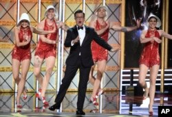 Host Stephen Colbert performs at the 69th Primetime Emmy Awards, Sept. 17, 2017, at the Microsoft Theater in Los Angeles..