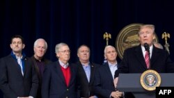 President Donald Trump speaks during a retreat with Republican lawmakers and members of his Cabinet at Camp David in Thurmont, Maryland, Jan. 6, 2018.