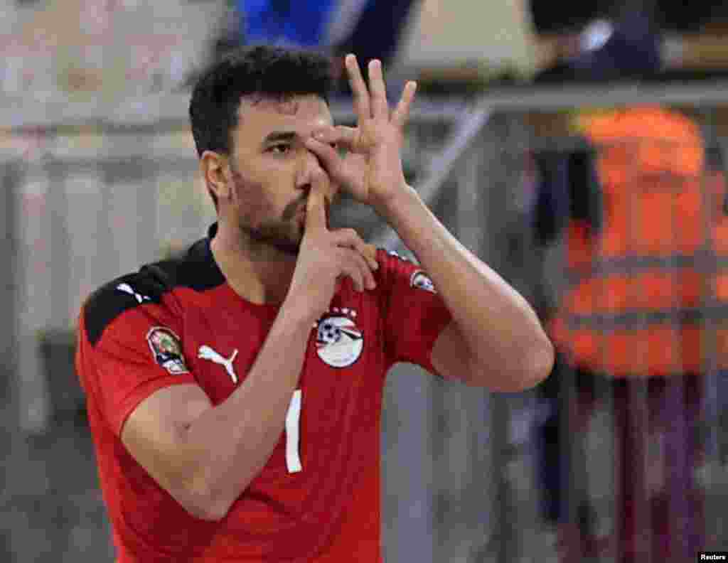 Egypt&#39;s Mahmoud Hassan Trezeguet celebrates scoring their second goal against Morocco in Cameroon, Jan. 30, 2022.