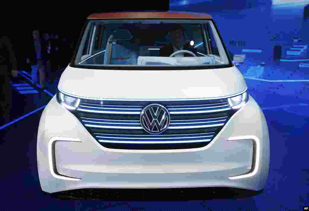 Volkswagen unveils the BUDD-e electric and connected car during a keynote address at CES International, Jan. 5, 2016, in Las Vegas.