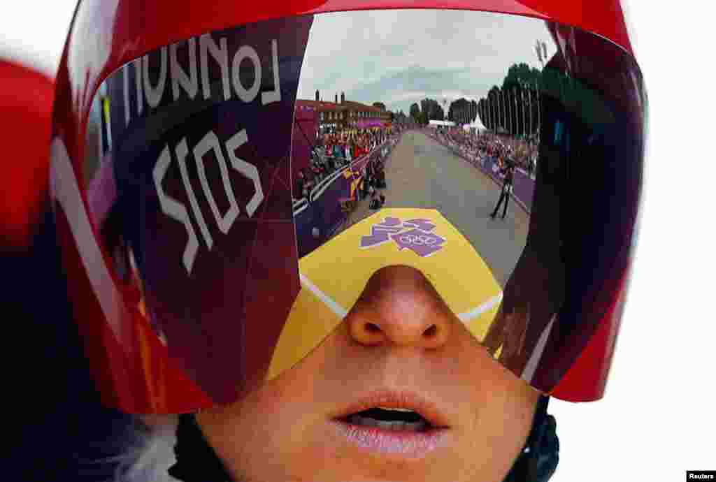 Britain's Emma Pooley waits to start in the women's cycling individual time trial.