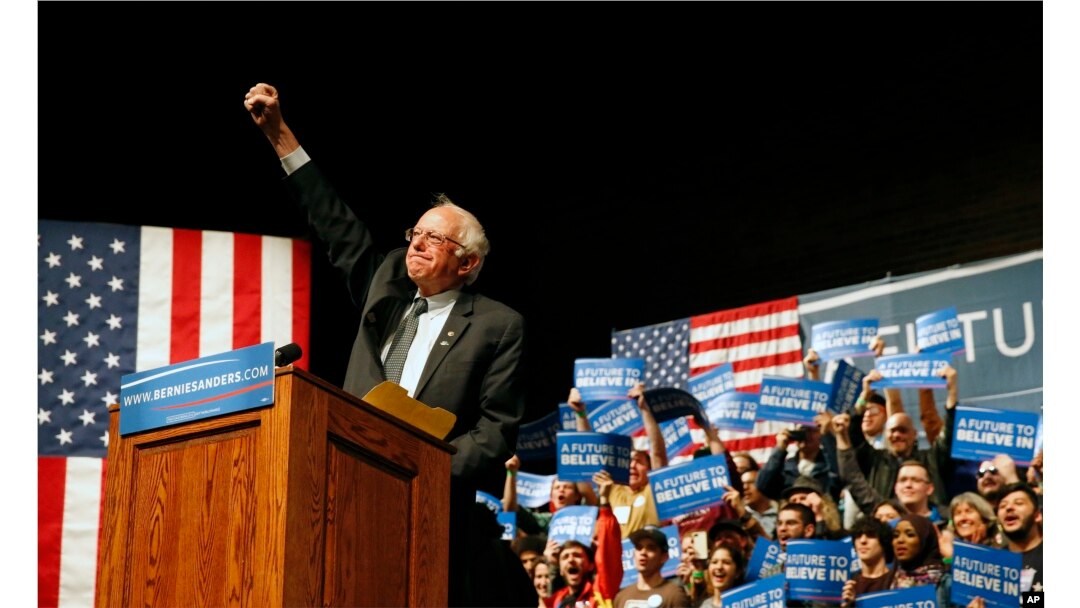 Democratic presidential candidate Sen. Bernie Sanders, I-Vt., gestures to supporters during a campaign rally in Laramie, Wyo., Tuesday, April 5, 2016.