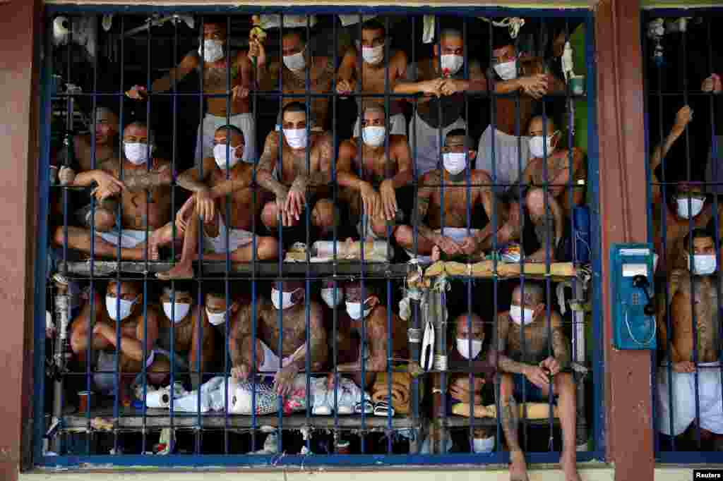 Gang members are seen inside a cell at Quezaltepeque jail during a media tour, in Quezaltepeque, El Salvador.