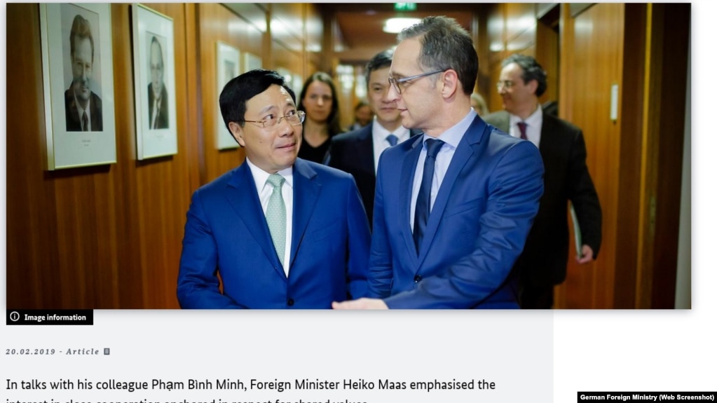 Ngoại trưởng Đức Heiko Maas và người đồng nhiệm Phạm Bình Minh trong cuộc gặp tại Berlin hồi tháng Hai. 