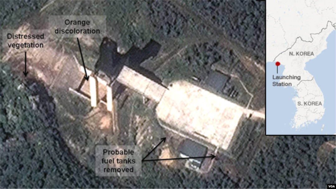 A satellite image provided by DigitalGlobe shows a facility in Sohai, North Korea where analysts believe rocket engines have been tested.
