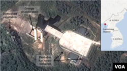 A satellite image provided by DigitalGlobe shows a facility in Sohae, North Korea where analysts believe rocket engines have been tested.