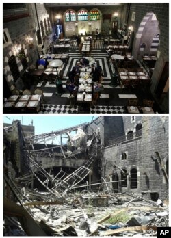 This combo of two photographs shows an undated handout photo, bottom, of the destruction at the Julia Palace Resautrant, and the same spot after the reconstruction on Jan. 17, 2018, top, in Homs, Syria.