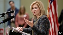 Republican Senate hopeful Marsha Blackburn speaks during a campaign stop Wednesday, Oct. 17, 2018, in Franklin, Tenn.