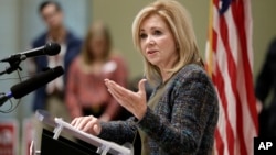 Republican Senate hopeful Marsha Blackburn speaks during a campaign stop Wednesday, Oct. 17, 2018, in Franklin, Tenn. 