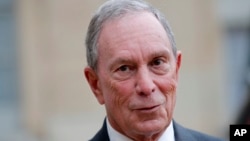 Former New York City Mayor Michael Bloomberg speaks to media after a meeting with French president Francois Hollande, at the Elysee Palace, in Paris, March 9, 2017.