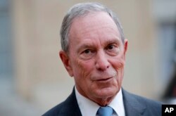 Former New York City Mayor Michael Bloomberg speaks to media after a meeting with French president Francois Hollande, at the Elysee Palace, in Paris, March 9, 2017.