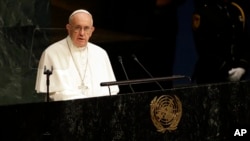 Pope Francis addresses the 70th session of the United Nations General Assembly, Sept. 25, 2015 at United Nations headquarters. 