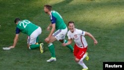 Le Polonais Arkadiusz Milik juste après son but à la 51e minute lors du match Pologne- Irlande du Nord, le 12 juin 2016 à Nice, en France.