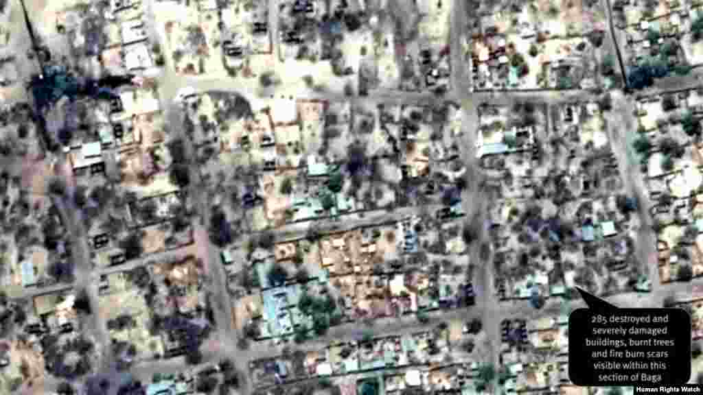 Post-violence view of concentration of building damages, as of April 26, 2013. 285 destroyed and severely damaged buildings, burnt trees and fire burn scars visible within this section of Baga.
