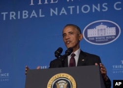 President Barack Obama speaks at the 2016 White House Tribal Nations Conference held in the Mellon Auditorium in Washington, Sept. 26, 2016.