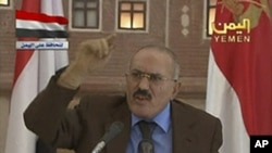 Yemen's President Ali Abdullah Saleh delivers his speech on state television in this still image taken from video, October 8, 2011.