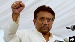 FILE - Pakistan's former President and military ruler Pervez Musharraf addresses his party supporters at his house in Islamabad, April 15, 2013.