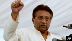 FILE - Pakistan's former President and military ruler Pervez Musharraf addresses his party supporters at his house in Islamabad, April 15, 2013.