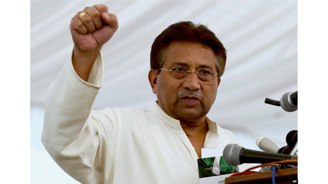 FILE - Pakistan's former President and military ruler Pervez Musharraf addresses his party supporters at his house in Islamabad, April 15, 2013.