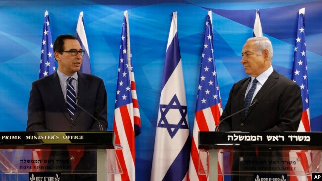 以色列总理内塔尼亚胡和美国财长姆努钦（2018年10月21日）