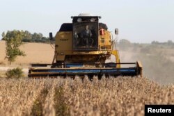 FILE - Soybeans are harvested on a farm on the outskirts of San Jose, Uruguay, April 27, 2011.