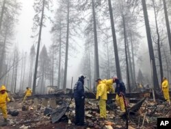 After a brief delay to let a downpour pass, volunteers resume their search for human remains at a mobile home park in Paradise, California, Nov. 23, 2018.