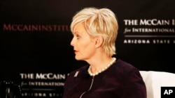 FILE - Cindy McCain, head of the Human Trafficking Advisory Council is seen at the McCain Institute for International Leadership. 
