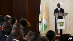 Ivory Coast's incumbent President and presidential candidate Alassane Ouattara speaks after the signing of a 'code of conduct' at the Presidential Palace in Abidjan, Oct. 7, 2015.