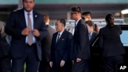 Kim Yong Chol, center, former North Korean military intelligence chief and one of Kim Jong Un's closest aides, arrives to have dinner with U.S. Secretary of State Mike Pompeo, May 30, 2018, in New York.