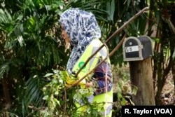 Rumaisha Khan, a Kuwait native and a volunteer with Islamic Circle of North America, helps clear broken tree limbs damaged from Hurricane Irma, in Cooper City, Florida.