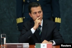 FILE - Mexico's President Enrique Pena Nieto gestures during an event to recognize the contributions made by members of the Mexican foreign service, in Mexico City, April 28, 2017.