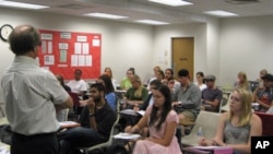 Southern Methodist University Professor Rick Halperin, who pushed for a human rights degree program, teaches a class.