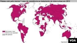 Tuberculose - Mapa de países com pelo menos um caso de resistência ao tratamento no final do ano de 2012