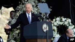 Vice President Joe Biden speaks at a memorial service for slain MIT campus officer, Sean Collier, in Cambridge, Massachusetts, Apr. 24, 2013.