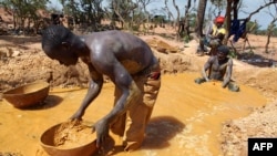 FILE: A gold miner pans for gold in Koflatie, Mali, on October 28, 2014, a mine located near the border with Guinea. Taken Oct. 28, 2014.