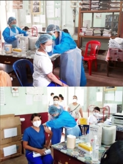 ကရင်ပြည်နယ်၊ ကော့ကရိတ်ခရိုင်အတွင်းရှိ ကျန်းမာရေးဝန်ထမ်းများကို ကိုဗစ်ကာကွယ်ဆေး ထိုးနှံပေးနေတဲ့ မြင်ကွင်း။ (ဓာတ်ပုံ -Ministry of Health and Sports, Myanmar - ဇန်နဝါရီ ၂၇၊ ၂၀၂၁)