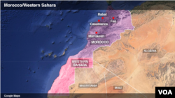 摩洛哥(紫色)/西撒哈拉(粉色)地理位置示意圖