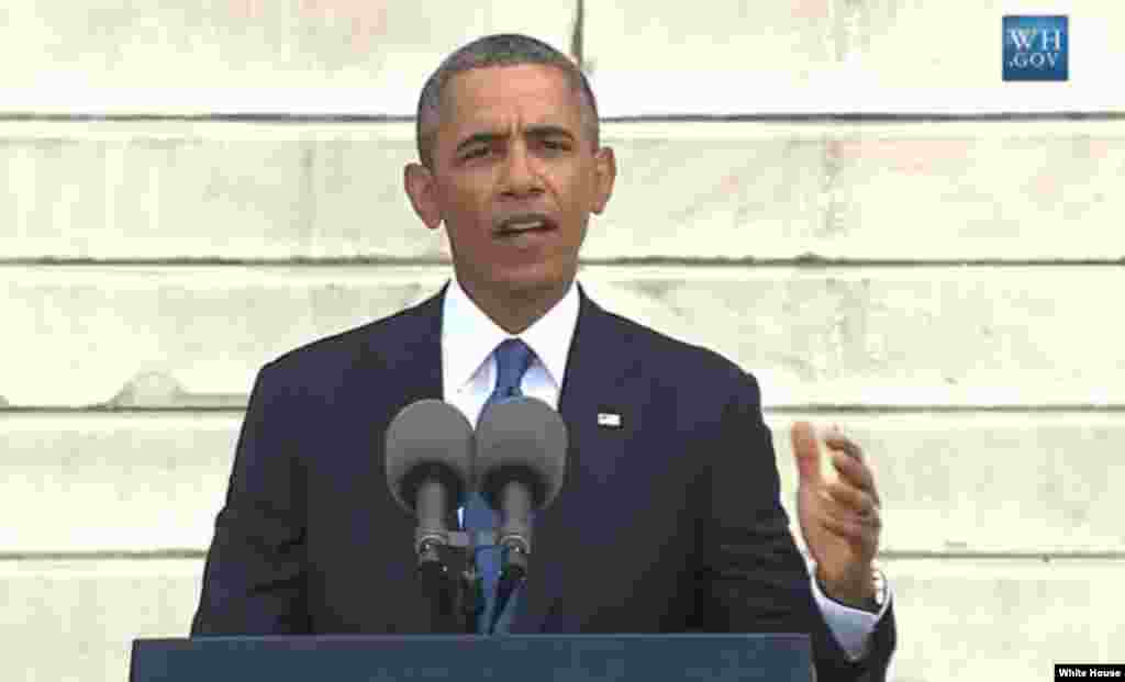 El presidente de EE.UU., Barack Obama, durante su discurso en memoria del "sueño" pronunciado por el líder estadounidense Martin Luther King Jr., hace 50 años en Washington.