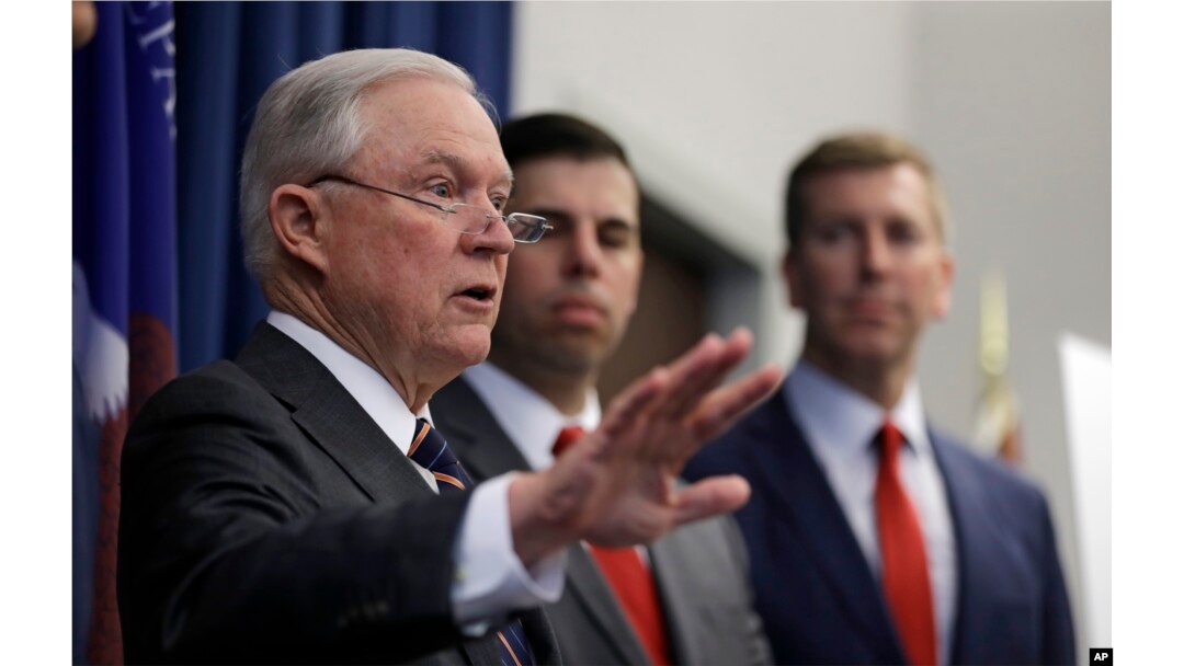 U.S. Attorney General Jeff Sessions speaks during a news conference in Cleveland, Ohio, Aug. 22, 2018.