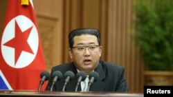 North Korean leader Kim Jong Un delivers a policy speech at the second-day sitting of the 5th Session of the 14th Supreme People's Assembly (SPA) of the Democratic People's Republic of Korea (DPRK) at the Mansudae Assembly Hall in Pyongyang, North Korea.