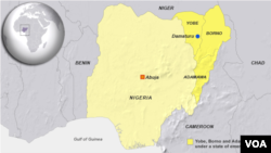 Peta negara bagian Adamawa, di Nigeria timur laut, tempat terjadinya ledakan Kamis (27/11).