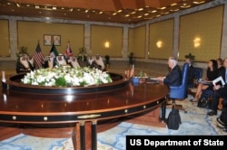 Secretary of State Rex Tillerson participates in a meeting with Foreign Minister Sheikh Sabah al-Khaled, State Minister for Cabinet Affairs and Acting Minister of Information Sheikh Mohammed al-Abdullah al-Mubarak a-Sabah, and British National Security Adviser Mark Sedwill at Bayan Palace in Kuwait City, Kuwait, July 10, 2017.